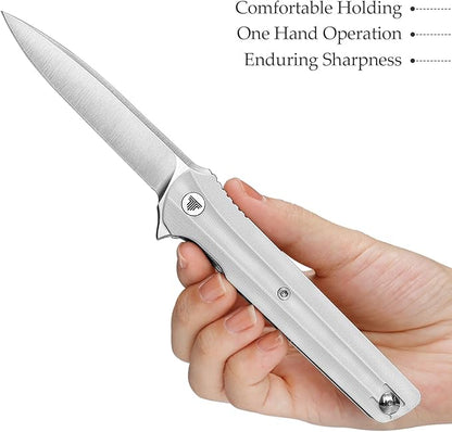EDC Pocket Knife for Men,Folding Knives with Reversible Clip,Liner Lock 3.4'' Satin 14C28N Steel Blade,White G10 Handle,Seagull-W