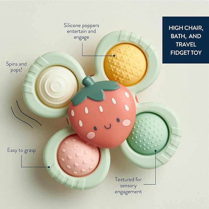 Itzy Ritzy Pop & Whirl – Fidget Spinner Travel & Bath Toy for Babies & Toddlers – Fidget w/Textured Silicone Popper to Develop Fine Motor Skills –Sticks to Highchairs, Tables, Tubs, More (Strawberry)