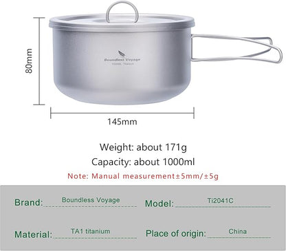 Boundless Voyage Titanium Pot Multifunctional Cooker Ultralight Camping Pot with Handle & Lid Outdoor Open Fire Cookware for Backpacking, Hiking, Bushcraft Cooking Ti2041C