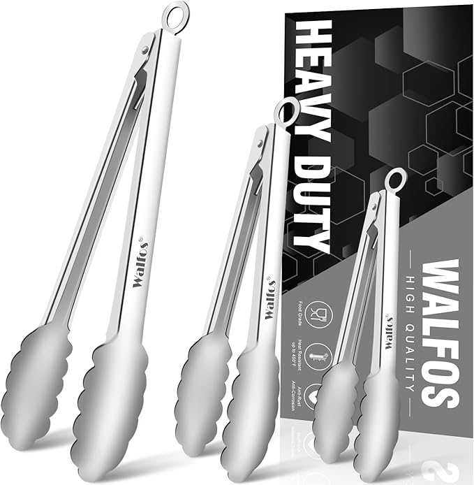 Walfos Kitchen Tongs for Cooking, 600℉ Heat Resistant Stainless Steel Tongs, All Metal Heavy Duty Tongs For Food ,BBQ Grilling - 7 ，9 and 12 Inch ,Set of 3