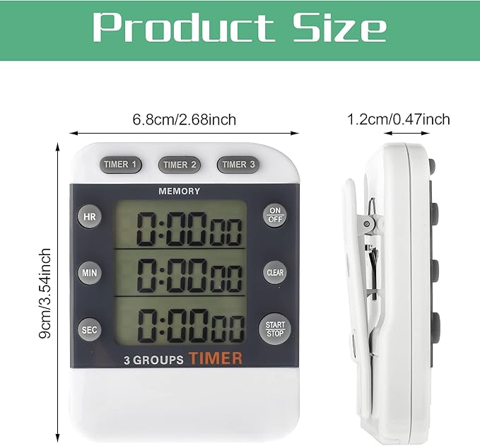 Photect 2 Pcs Digital Kitchen Timer 3 Channels Multi Timer Loud Adjustable