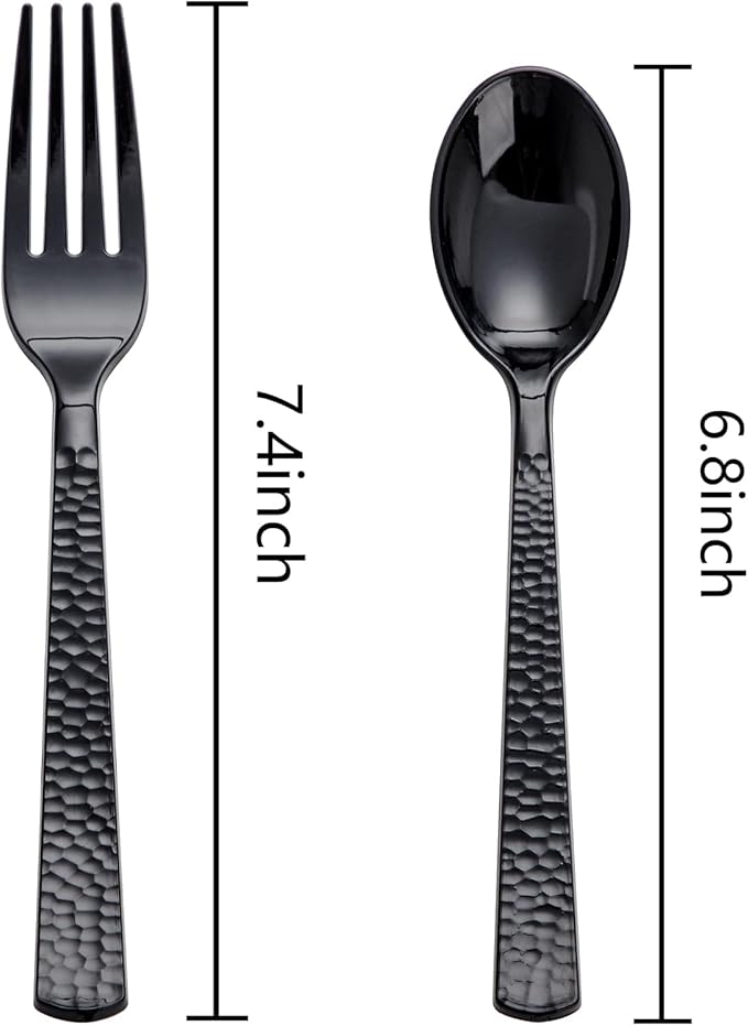 KIRE 400PCS Black Plastic Spoons and Forks Disposable - Black Plastic Silverware Set Disposable Cutlery - 200 Forks, 200 Spoons for New Year/Wedding