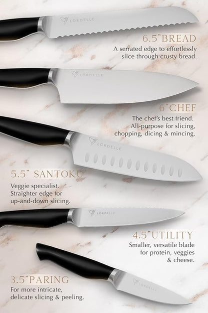 Lordelle Knife Block Set - 5 Piece Set - Black Vintage Ink - Lifestyle Home Kitchen Design - German X50 Stainless Steel - ABS Handle - Ash Wood Block - Cooking Chef Knife, Santoku, Paring, Utility