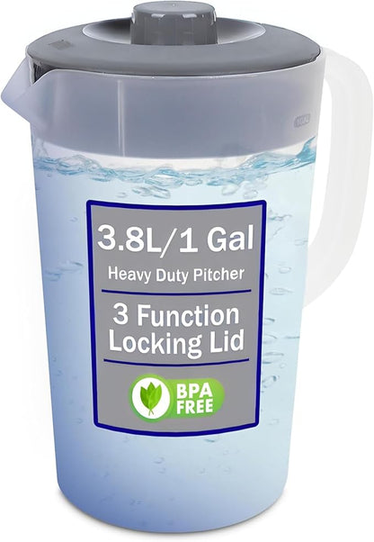 Water Pitcher with Lid 1 Gallon Pitcher, Freezer/Dishwasher Safe, BPA Free &