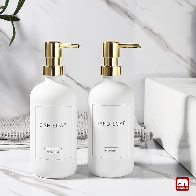 GMISUN White Soap Dispenser, 2 Pack Glass Hand Soap Dispensers Bathroom