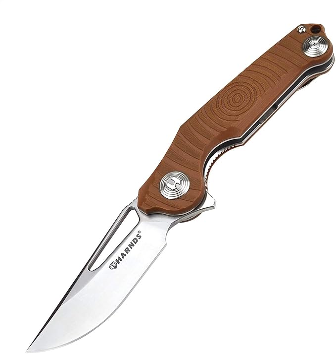 Harnds Time Folding Knife with Sandvik 14C28N Steel Blade Pocket Knife with G10 Handle Camping Knife with Pocket Clip (Brown)