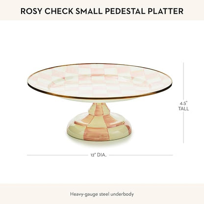 MACKENZIE-CHILDS Enamel Pedestal Platter, Round Cake Stand, Small, Pink-and-White Rosy Check