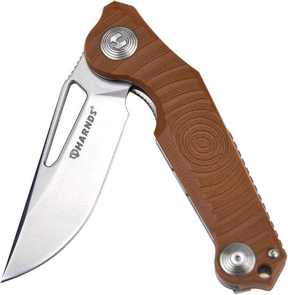 Harnds Time Folding Knife with Sandvik 14C28N Steel Blade Pocket Knife with G10 Handle Camping Knife with Pocket Clip (Brown)