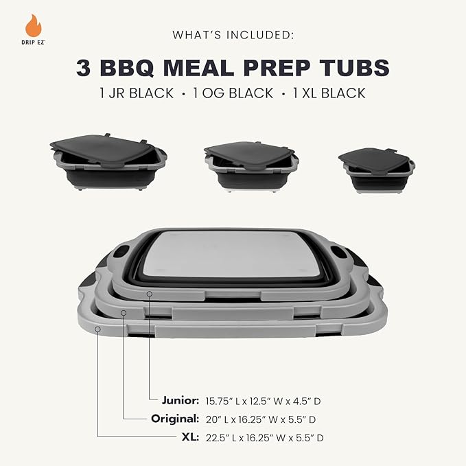 Drip EZ Collapsible BBQ Prep Tubs 3-Piece Set- For Meal Prep Marinating Food Storage - Includes Cutting Board & Lid - (1) JR + (1) OG + (1) XL - Black