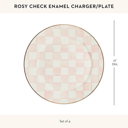 MACKENZIE-CHILDS Enamel Charger Plate, Charger Decoration for Dinner Plates or Home Decor, 12 Inches, Pink-and-White Rosy Check, Set of 4