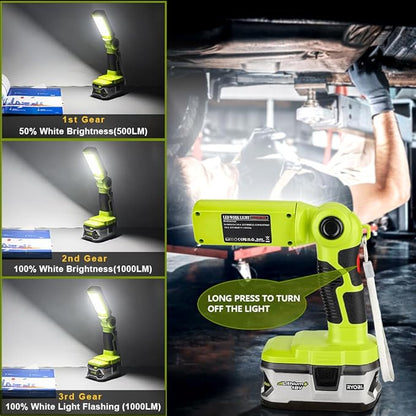 YEX-BUR LED Work Light for Ryobi 18V Battery, 12W 1000LM Protable Flashlight with Low Voltage Protection 270° Rotating Wide-Angle Lighting for Workshop, Camping, Outdoor