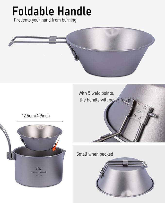 iClimb Titanium Bowl with Foldable Handle Ultralight Compact Portable Flatware Tableware with Bag for Outdoor Camping Backpacking Hiking Travel Picnic