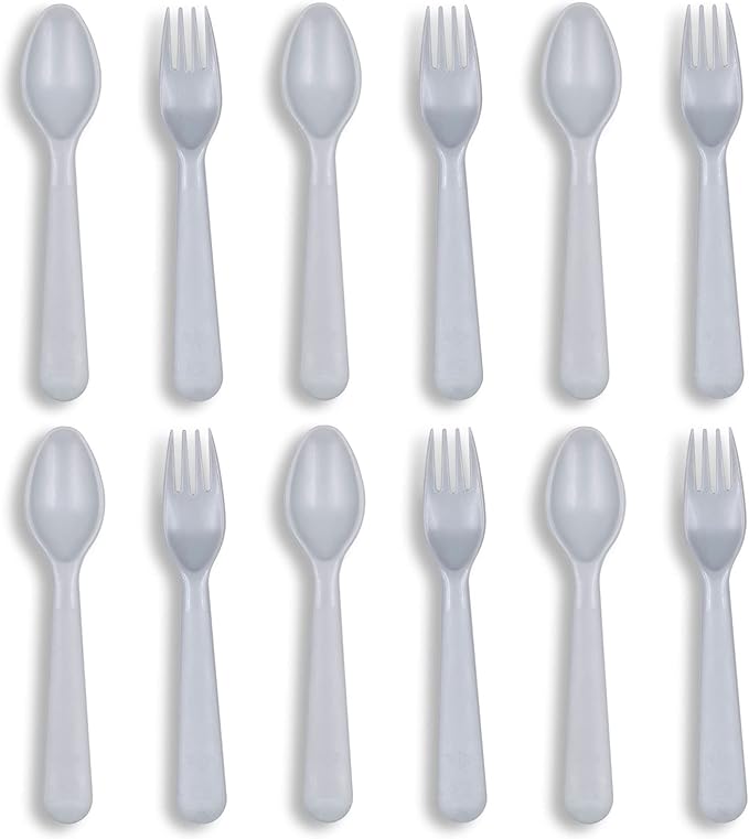 12 Pcs Kids Spoons and Forks Toddler Utensils Plastics Reusable Silverware Baby Cutlery Set Feeding Dinnerware Utensils BPA Free Microwave Dishwasher and Freezer Safe- Grey