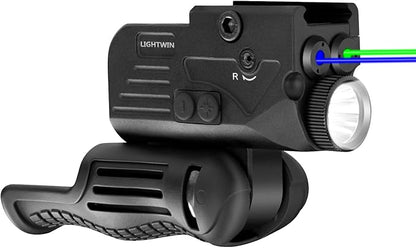 1200LM Rechargeable Flashlight with Green & Blue Laser, 5 Light Modes & Strobe, 3 in 1 Laser Flashlight Combo with Strobe Sight, LED Power Indicator for Outdoor, Emergency, Camping