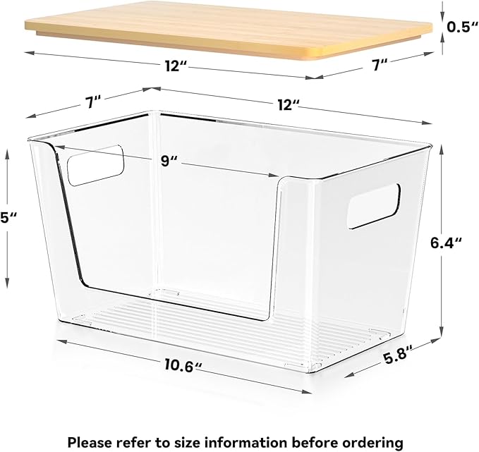 6 Pack Clear Stackable Storage Bins with Bamboo Lids, Trash Bag Holder Dispenser Under Sink Organizer for 4-13 Gal Bags, Plastic Storage Containers for Pantry Bathroom Kitchen Organization