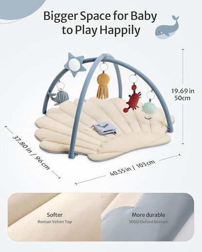 Blissful Diary Shell Baby Play Gym Mat, Softer & Enlarged Tummy Time Mat w 6 Detachable Toys for Sensory & Motor Skill Development, Activity Mat for Newborn Essentials Shower Gift, Boho Ocean Theme