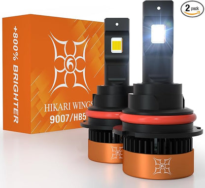 HIKARI WINGS 9007/HB5 LED Foglight, 50000LM Pure White 6000K LED Bulbs, Plug & Play IP68 Waterproof Pack of 2