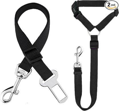 SunGrow Dog Seatbelt & Leash, Universal Vehicle Seatbelt Harness for Car Headrest, Pet Travel Essential, Adjustable Lead, Black Nylon, 19”-31” & 14-19” x 17-30”, 2 Pcs. Per Pack