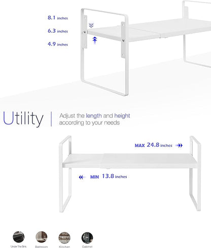 Nxconsu Cabinet Shelf Expandable Height Adjustable Organizer Riser for Kitchen Cabinet Pantry Cupboard Under Sink Countertop Organization Storage Space Saver Stackable Heavy Duty Metal White