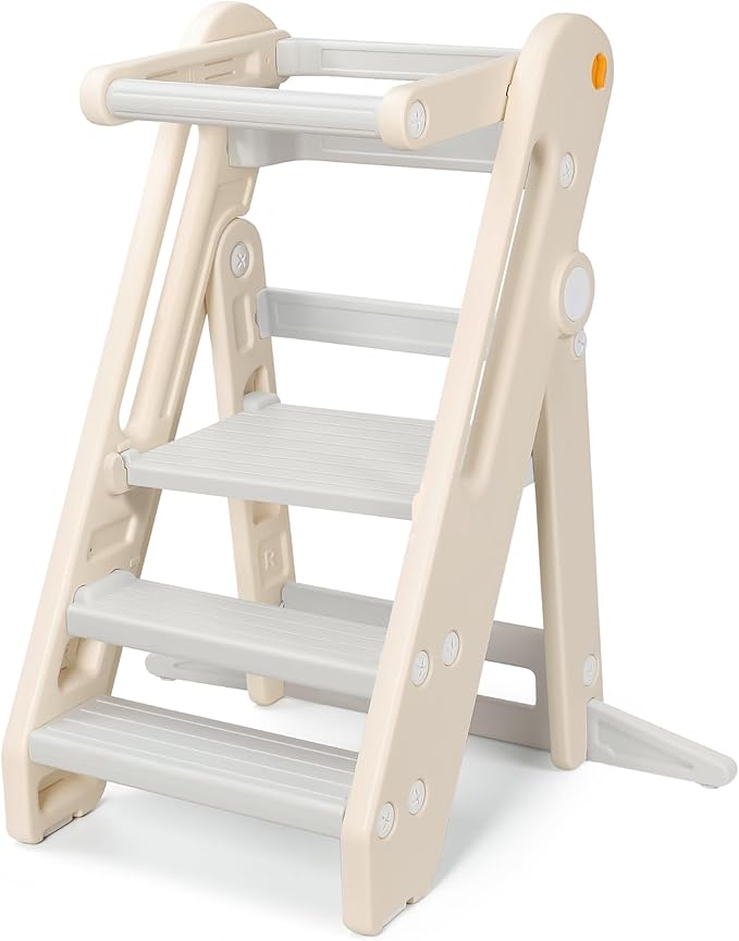 Onasti Toddler Tower Kitchen Stool Helper, Foldable & Adjustable Height Kids Learning Stool for Kitchen Counter Bathroom Sink, Child Ladder for Toddlers with Handles, Safty Rail, Non-Slip Pads-Grey