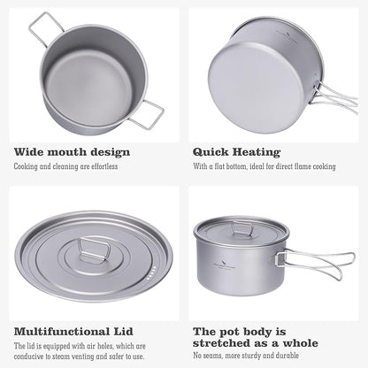 Boundless Voyage Titanium Pot Portable Camping Cookware Lightweight Cooking Pot Set for Outdoor Cooking Traveling Backpacking Hiking Trekking Picnic