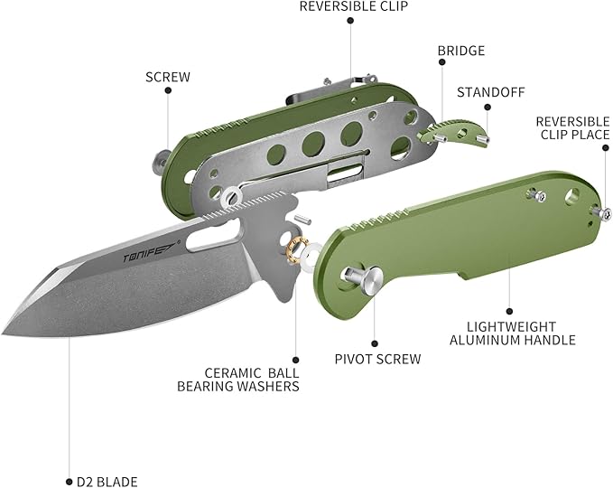 TONIFE Galaxy Mini Folding Knife with D2 Steel Blade and Aluminum Handle, EDC Pocket Tool for Camping, Hiking, and Survival (green)