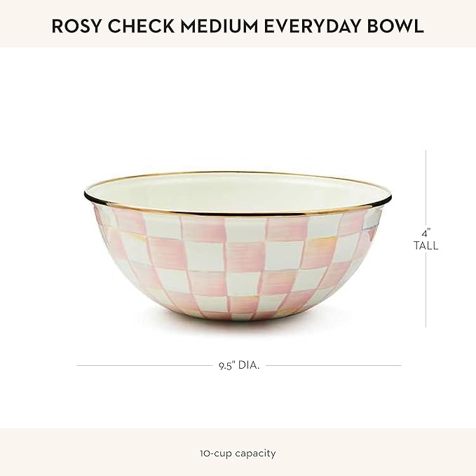 MACKENZIE-CHILDS Enamel Everyday Bowl, Serving Bowl for Entertaining, Medium, Pink-and-White Rosy Check, Set of 1