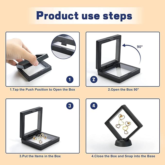 6 Pcs 3D Floating Display Case Frame Display Holder Stands Transparent PE Film Storage Box for Jewelry Challenge Coin Medal Antique 3.5 x 3.5 x 0.8 Inches Black and White