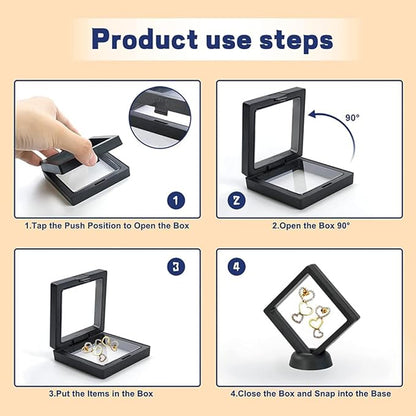 6 Pcs 3D Floating Display Case Frame Display Holder Stands Transparent PE Film Storage Box for Jewelry Challenge Coin Medal Antique 3.5 x 3.5 x 0.8 Inches Black and White