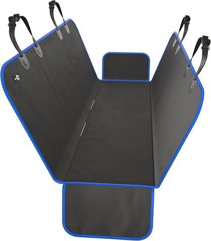 Active Pets Waterproof Hammock Standard Car Seat Cover, Fits Sedans Hatchbacks Crossovers Coupes Compact Vehicles, Secure Convertible Travel Bed Protects Backseat Cargo from Dogs, Black w/Blue Trim