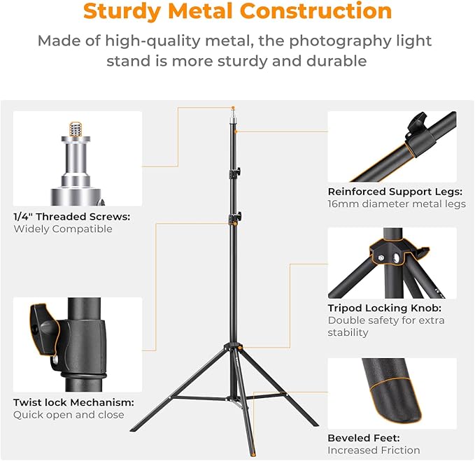 K&F CONCEPT Light Stand for Photography, 7.5ft/2.3M Portable Extendable Photo Video Tripod Stand, Lighting Tripod with 1/4" Screw for Lighting/Strobe Light/Webcams/Cameras/Softbox, with Storage Bag