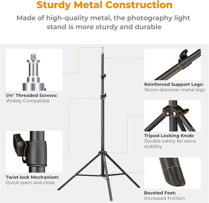K&F CONCEPT Light Stand for Photography, 7.5ft/2.3M Portable Extendable Photo Video Tripod Stand, Lighting Tripod with 1/4" Screw for Lighting/Strobe Light/Webcams/Cameras/Softbox, with Storage Bag