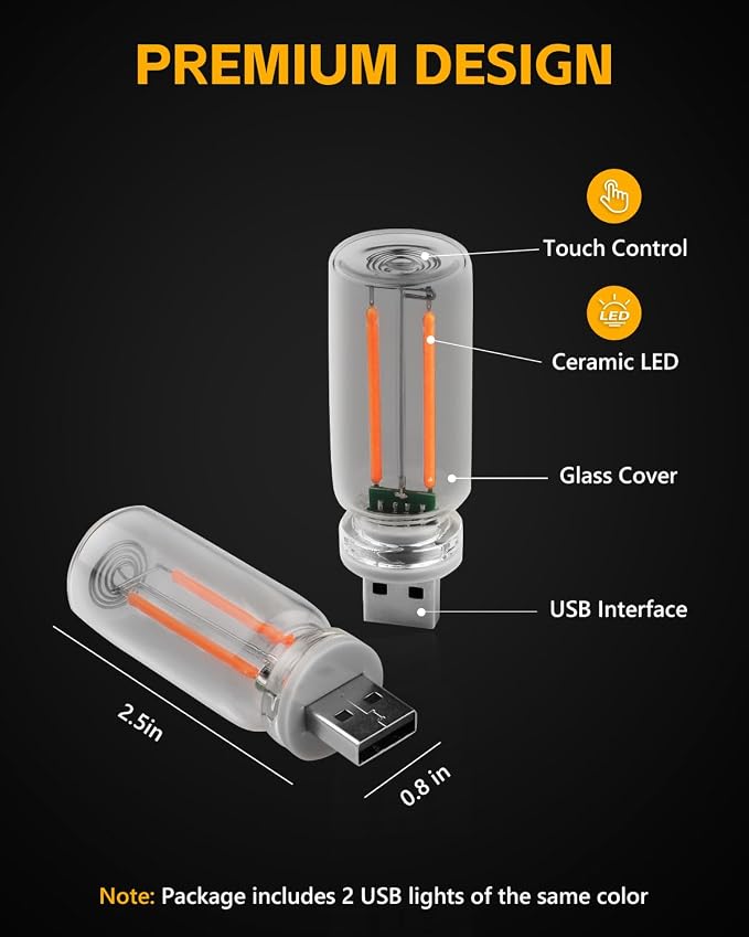 2PCS USB Car Lights, Touch Adjustment Lights, Plug in USB Vehicle Interior Ambient Light, Mini LED Retro Bulb Glass Bottle Night Light for Car, Camping, Holiday Decoration, Party, Bedroom (Red)