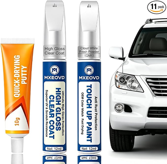 Cloud White/Fresh Powder QM1 Touch Up Paint Compatible with Nissan, All in One Car Scratch Repair Kit with Primer Putty & Clear Coat, Complete Sanding Tools Set for Scratches Chips Nicks