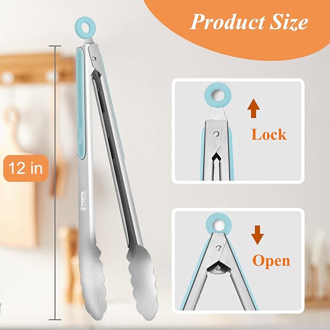 Tongs for Cooking, 12-Inch Stainless Steel Kitchen Tongs, Locking Metal Food with Silicone Non-Slip Grip, Kitchen Utensils for Food, Salad and Outdoor BBQ, Set of 4 (Blue)