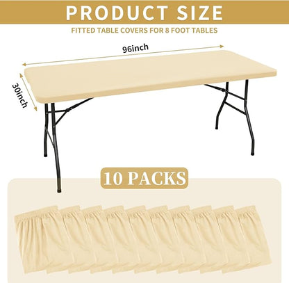 10 Pack Fitted Tablecloth for 8 Foot Rectangle Tables, Beige Elastic Outdoor Picnic Table Cover, Washable Stretch Folding Table Cloths 8 ft for Camping Party Patio Kitchen Banquet, 30" W x 96" L