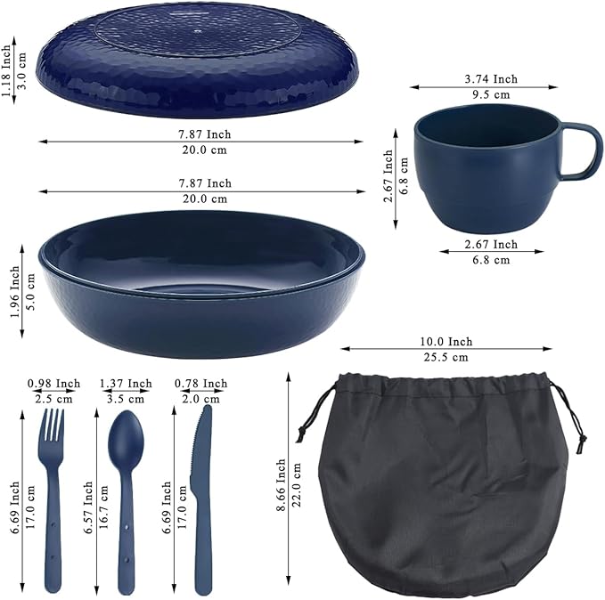 Evanda Camping Mess Kit with Bowl, Plate, Cup, Spoon, Fork, Knife and Carry Bag, Reusable Camping Accessories Essentials Gear Light Weight and Small Space Easy to Carry or Put in Backpack