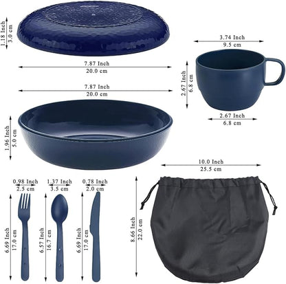 Evanda Camping Mess Kit with Bowl, Plate, Cup, Spoon, Fork, Knife and Carry Bag, Reusable Camping Accessories Essentials Gear Light Weight and Small Space Easy to Carry or Put in Backpack