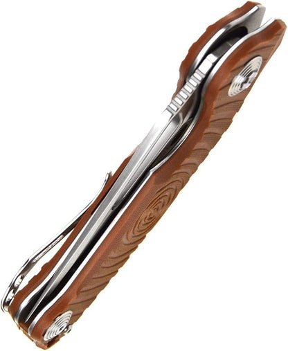 Harnds Time Folding Knife with Sandvik 14C28N Steel Blade Pocket Knife with G10 Handle Camping Knife with Pocket Clip (Brown)