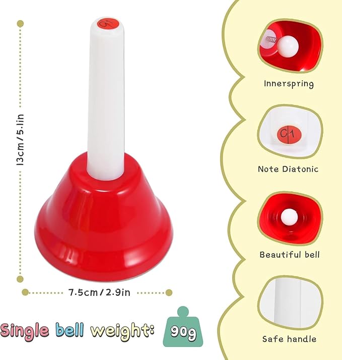 Hand Bells, 8 Note Musical Handbells Set with 17 Songbook Musical Toy Percussion Instrument for Toddlers Children Kids for Children's Day Family Activity School and Church (Multicolored)