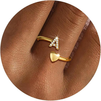 Gold Initial Rings for Women Girls, Dainty 14K Gold Plated Adjustable Initial Rings Cute Heart Zirconia Ring for Women Teen Girl Gifts