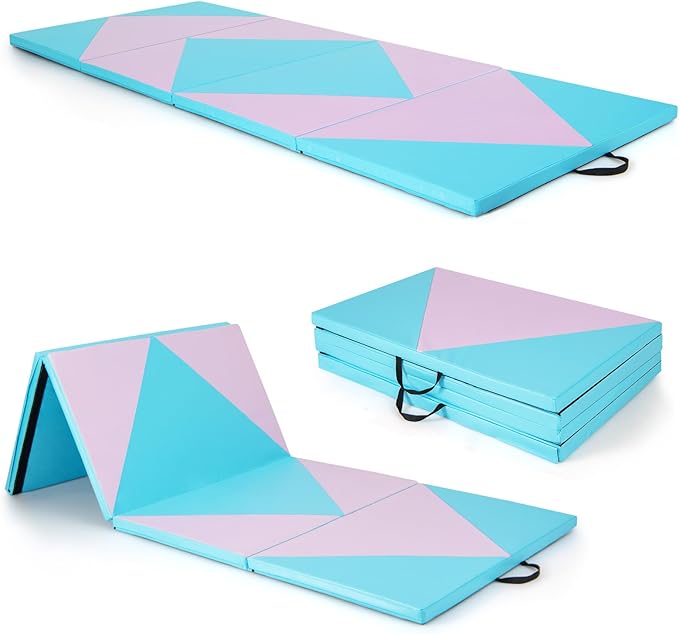Giantex 4'x10'x 2" Gymnastics Mat, 4-Panel Folding Aerobics Exercise Mat w/Hook & Loop Fastener, Carrying Handle, Portable Tumbling Mat for Stretching Yoga Cheerleading Martial Arts
