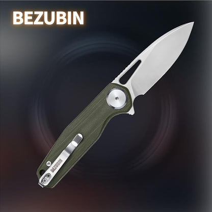 Pocket Folding Knife,3.15" D2 Steel Blade,Green G10 Handle,Push Button Lever Lock,Pocket Knife with Pocket Clip for Outdoor,Survival,EDC