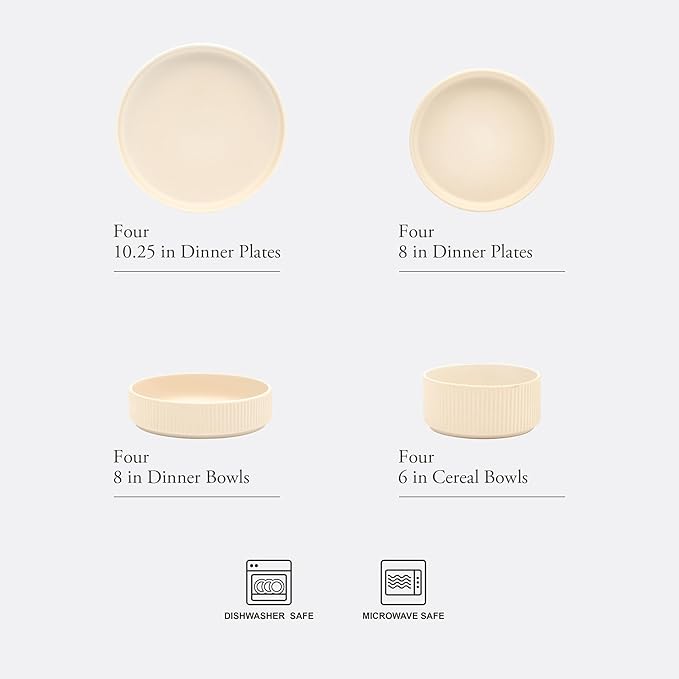 Gibson Elite Deerfield 16-Piece Stoneware Dinnerware Set – Cream White Reactive Glaze Plates and Bowls, Stackable Design, Service for 4 – Dishwasher & Microwave Safe