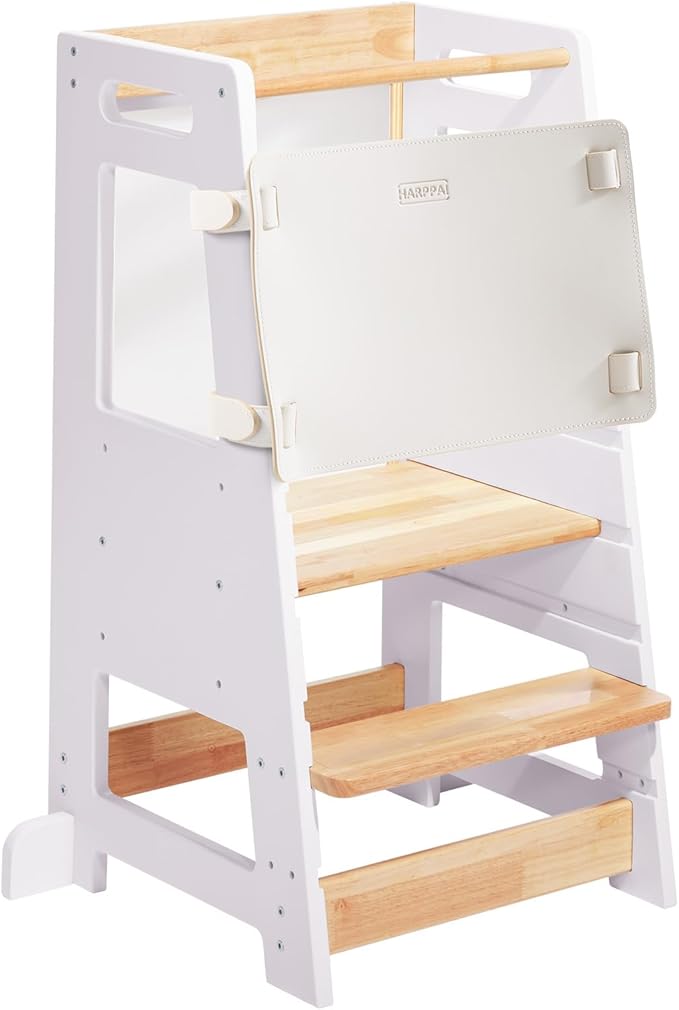 Toddler Kitchen Stools Helper with Adjustable Height and Anti-Slip Protection, Kids Standing Tower with Safety Rail, Kids Montessori Stool with Learning Chalkboard, White