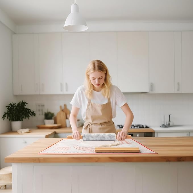 Marble Rolling Pin with Non-Stick Silicone Mat & Wood Base, 16.9-Inch Heavy