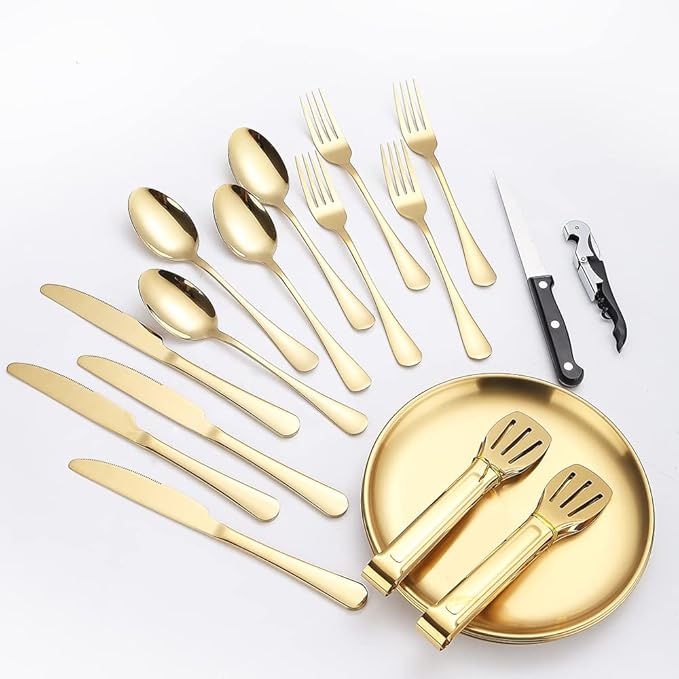 Picnic Dishes Utensils Gold Camping Flatware Set for 4 Portable Tableware Plates Silverware Forks Spoons knives Bottle Opener Food Tongs Complete Kit with Zipper Bag