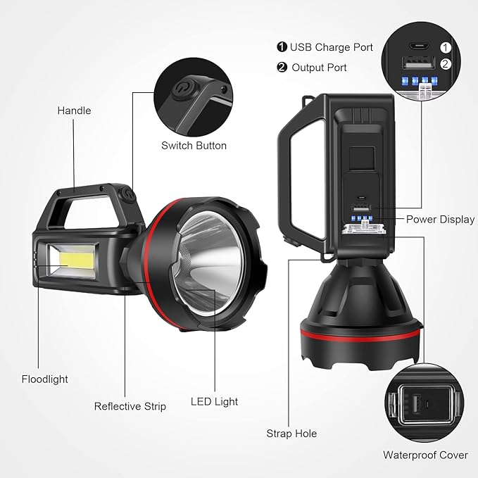 Rechargeable Spotlight Flashlight, High Lumens Handheld Spotlight,LED Searchlight with Shoulder Strap and USB Output for During Hurricane,Emergency, Storms,Hunting, Hiking, Camping(Black Pack of 2)