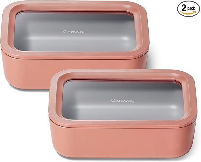 Caraway 2pc Glass Food Storage Set - 6.6 Cup Food Containers (2) - Ceramic Coated - Non Toxic, Non Stick Lunch Box with Lids. Dishwasher, Oven, & Microwave Safe - Perracotta