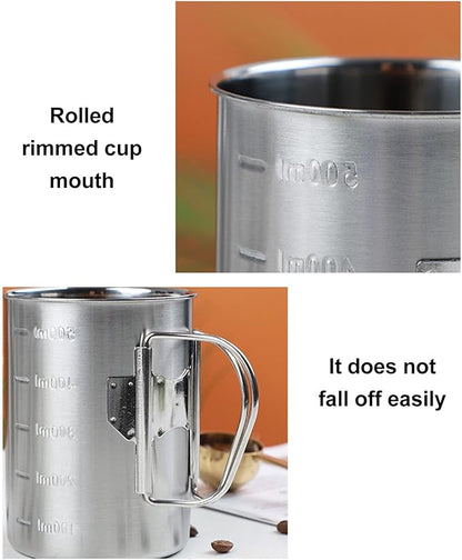Stainless Steel Camping Cup, 17oz Fireproof Metal Cup with Lid and Foldable Handle, High Temperature Direct Heating, Great for Backpacking